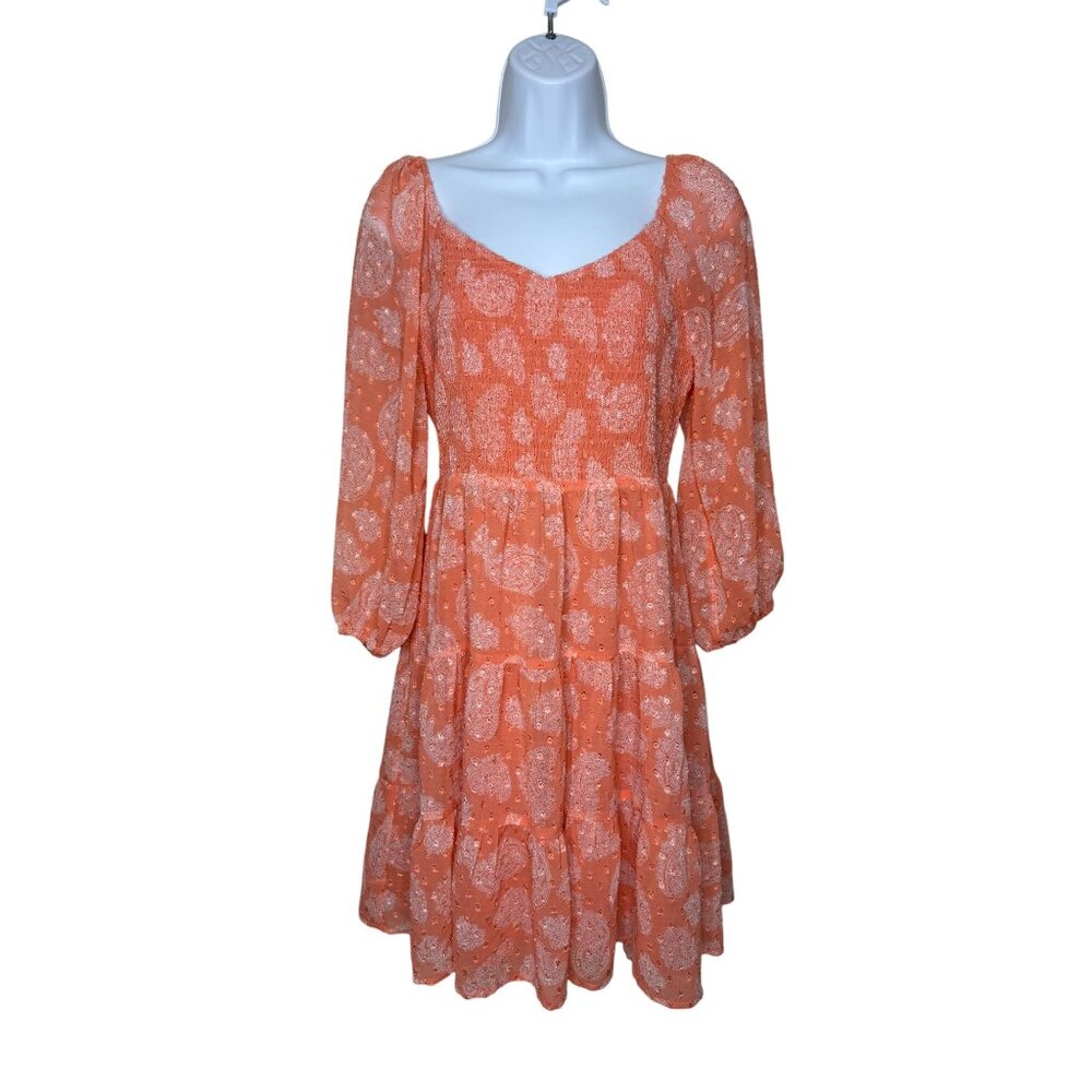 Skies Are Blue Coral Smocked Milkmaid Long Sleeve Tiered Dress‎ Size S Coquette